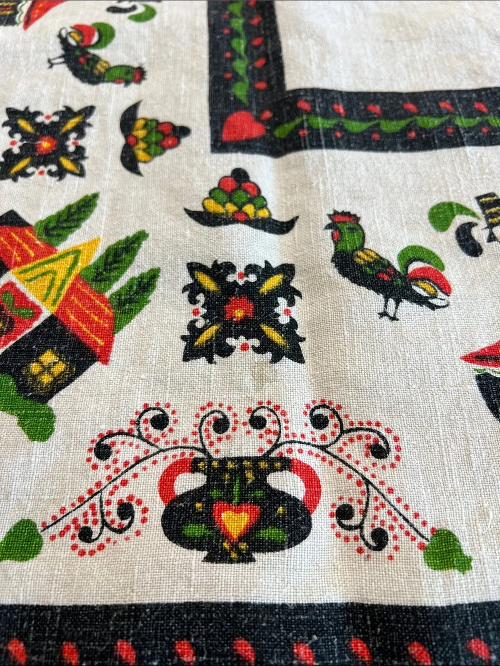 Vintage Pennsylvania Dutch Folk Art Card Tablecloth 48x48 Linen